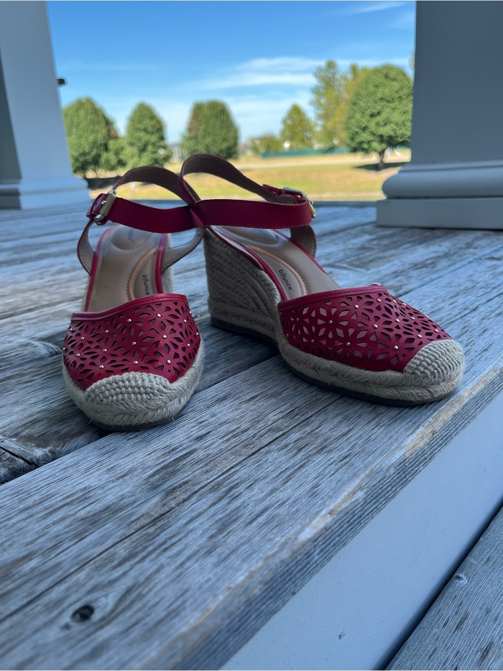 Red Laser-Cut Espadrille Wedge Sandals - Ankle Strap